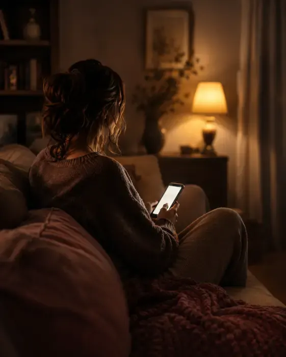 Frau am Abend allein mit ihrem Handy