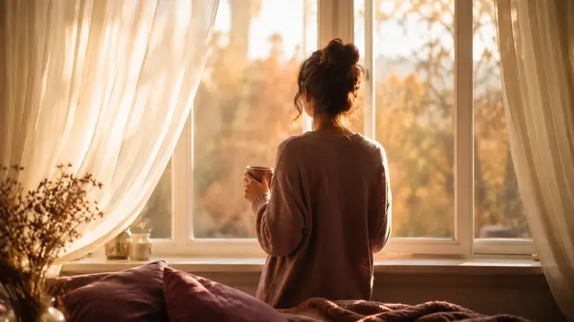 Frau am Fenster im warmen Morgenlicht