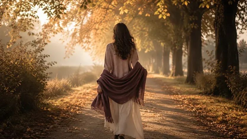 Frau geht einen Weg im Morgenlicht entlang