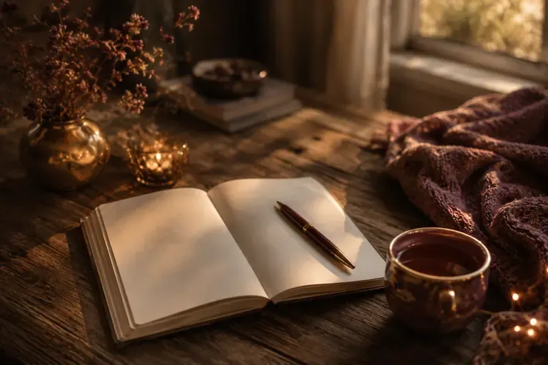 Teetasse und Lesestoff im warmen Abendlicht