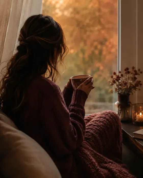 Frau mit Teetasse am herbstlichen Fenster